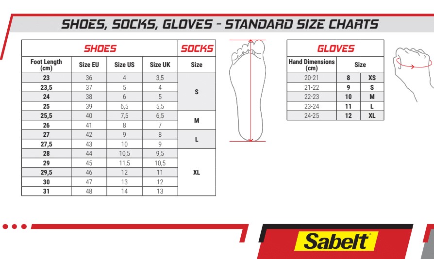 shoes, socks, & gloves sizing chart